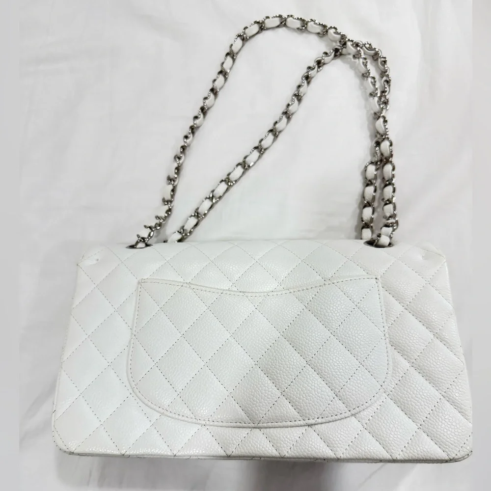 💯 Auth Chanel White Quilted Caviar Medium Classic Double Flap Bag Edge Stitching